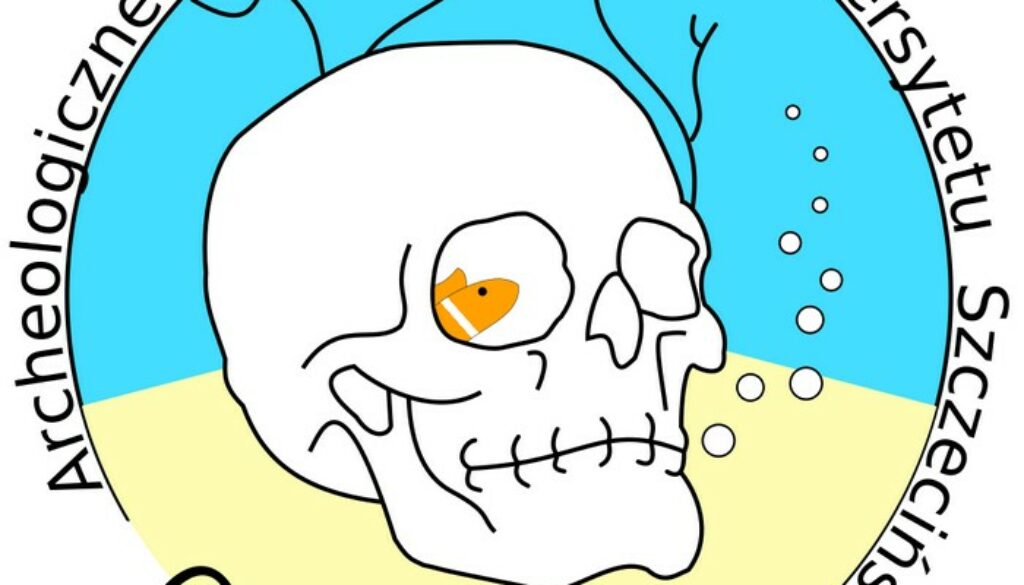 logo koła naukowego archeologii Old Skull przedstawiające szkic czaszki ludzkiej z rybką błazenkiem w oczodole
