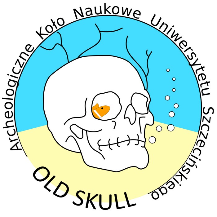 logo koła naukowego archeologii Old Skull przedstawiające szkic czaszki ludzkiej z rybką błazenkiem w oczodole